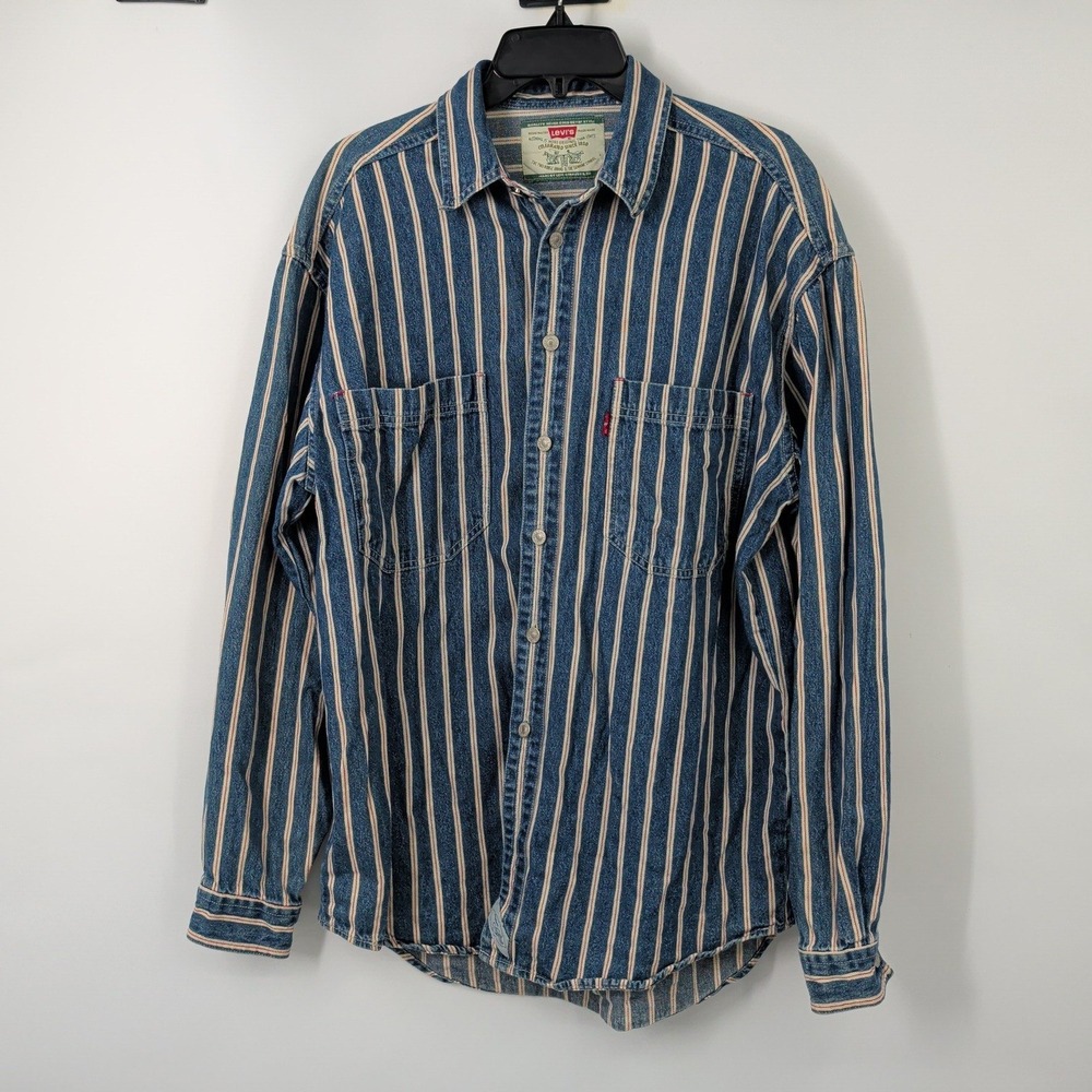 Levis Vintage Mens Railway Striped Denim Metal Buttons Shirt Long Sleeve Med